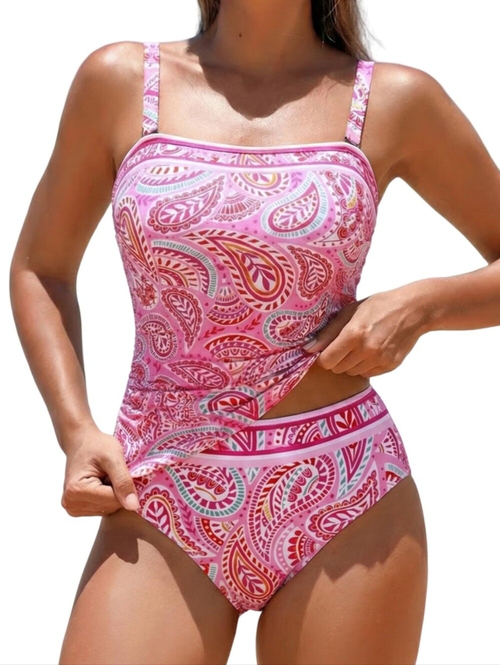 Women’s Square Neck Full Coverage Pink Paisley Tankini Tummy Control Swim Set, M